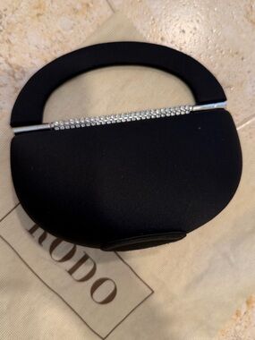 Rodo Black Satin Hard Shell Round Clutch Silver Hardware, Top Handel & Crystals